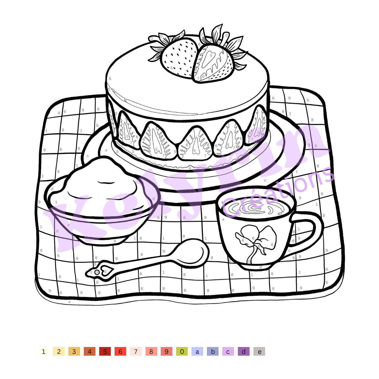 Page de coloriage - Tea time au fraisier (colo à chiffres)