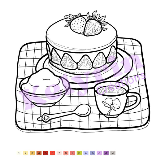 Page de coloriage - Tea time au fraisier (colo à chiffres)