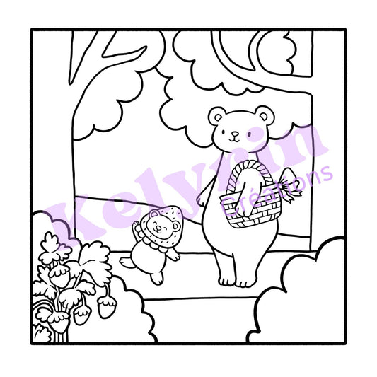 Page de coloriage - Cueillette de fraises en forêt