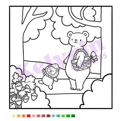 Page de coloriage - Cueillette de fraises en forêt (colo à chiffres)