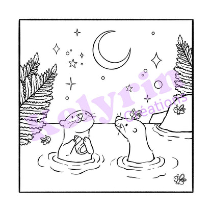 Page de coloriage - Lune, loutres et lucioles