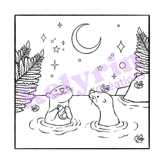 Page de coloriage - Lune, loutres et lucioles