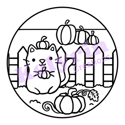 Page de coloriage - Chat au champs de citrouilles