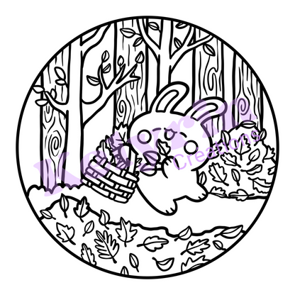 Page de coloriage - Lapin à la pêche aux feuilles