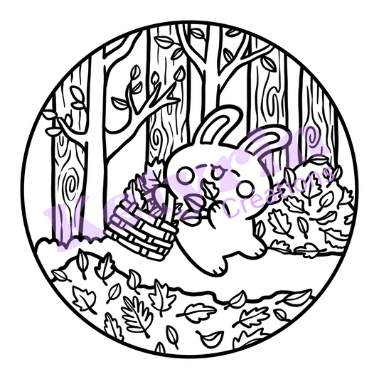 Page de coloriage - Lapin à la pêche aux feuilles