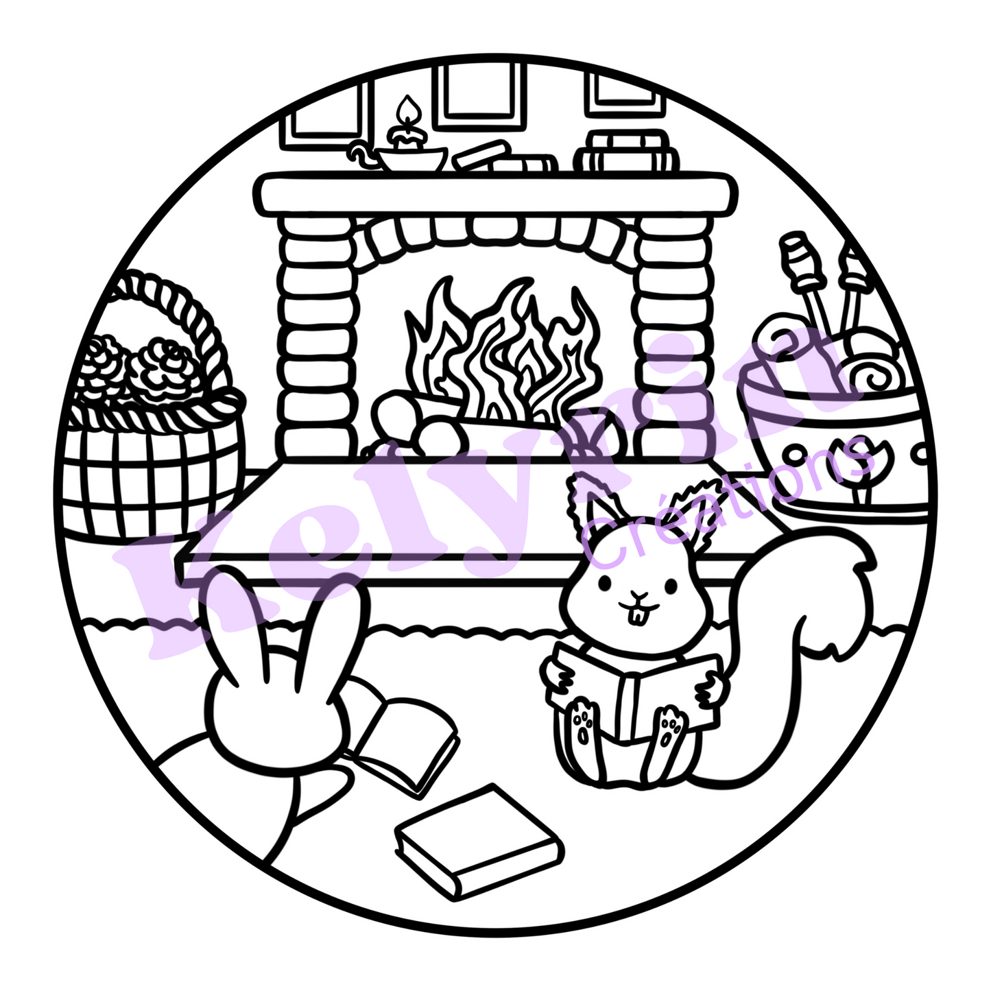 Page de coloriage - Lecture au coin de la cheminée