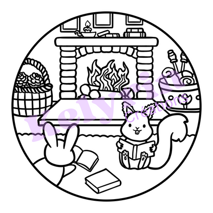 Page de coloriage - Lecture au coin de la cheminée