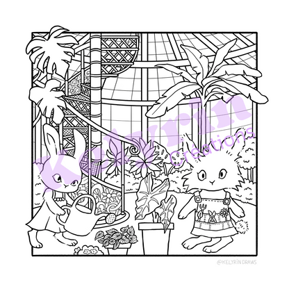 Page de coloriage - Jardinage dans la serre tropicale