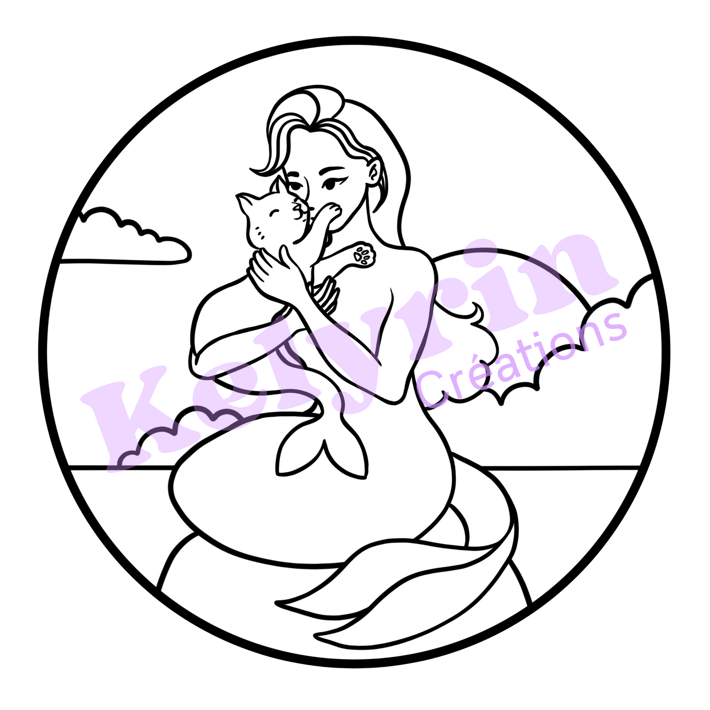 Page de coloriage - Sirène chat soleil