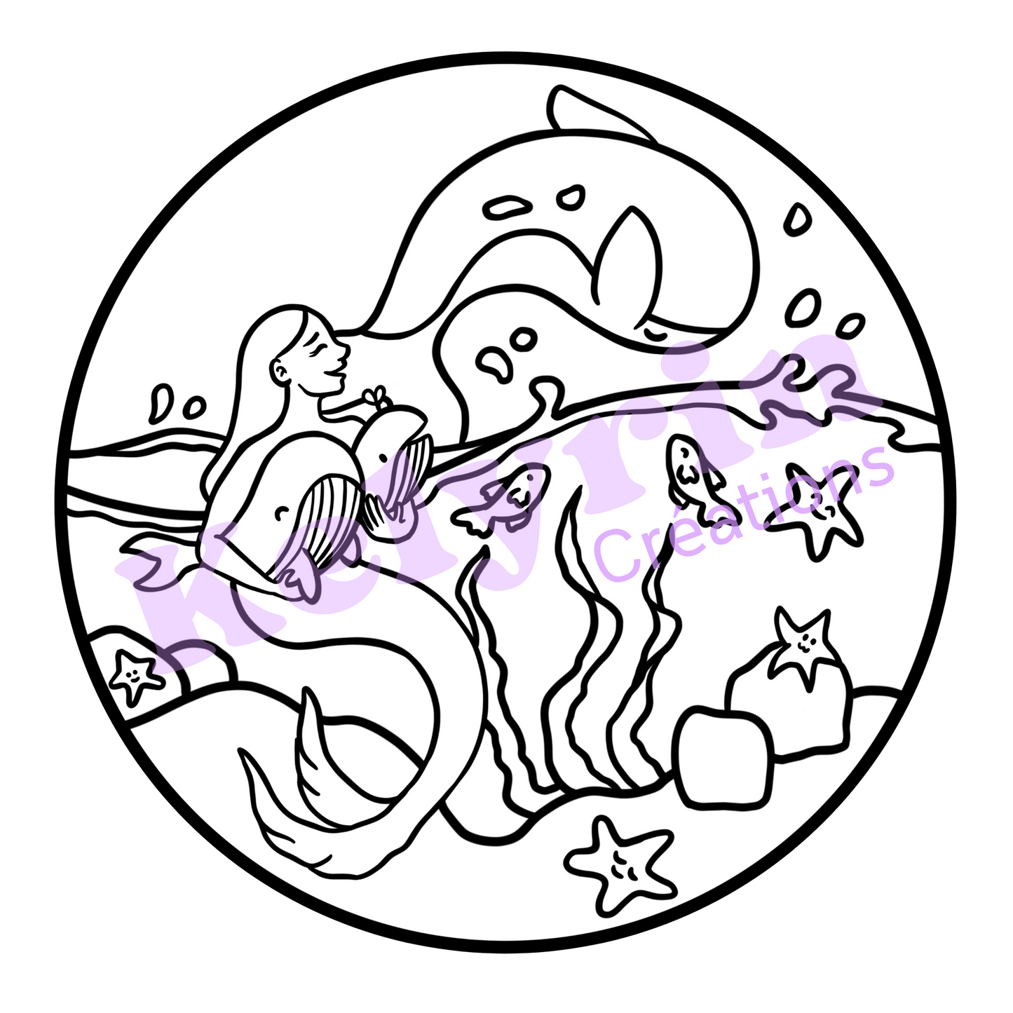 Page de coloriage - Sirène baleine et baleineaux