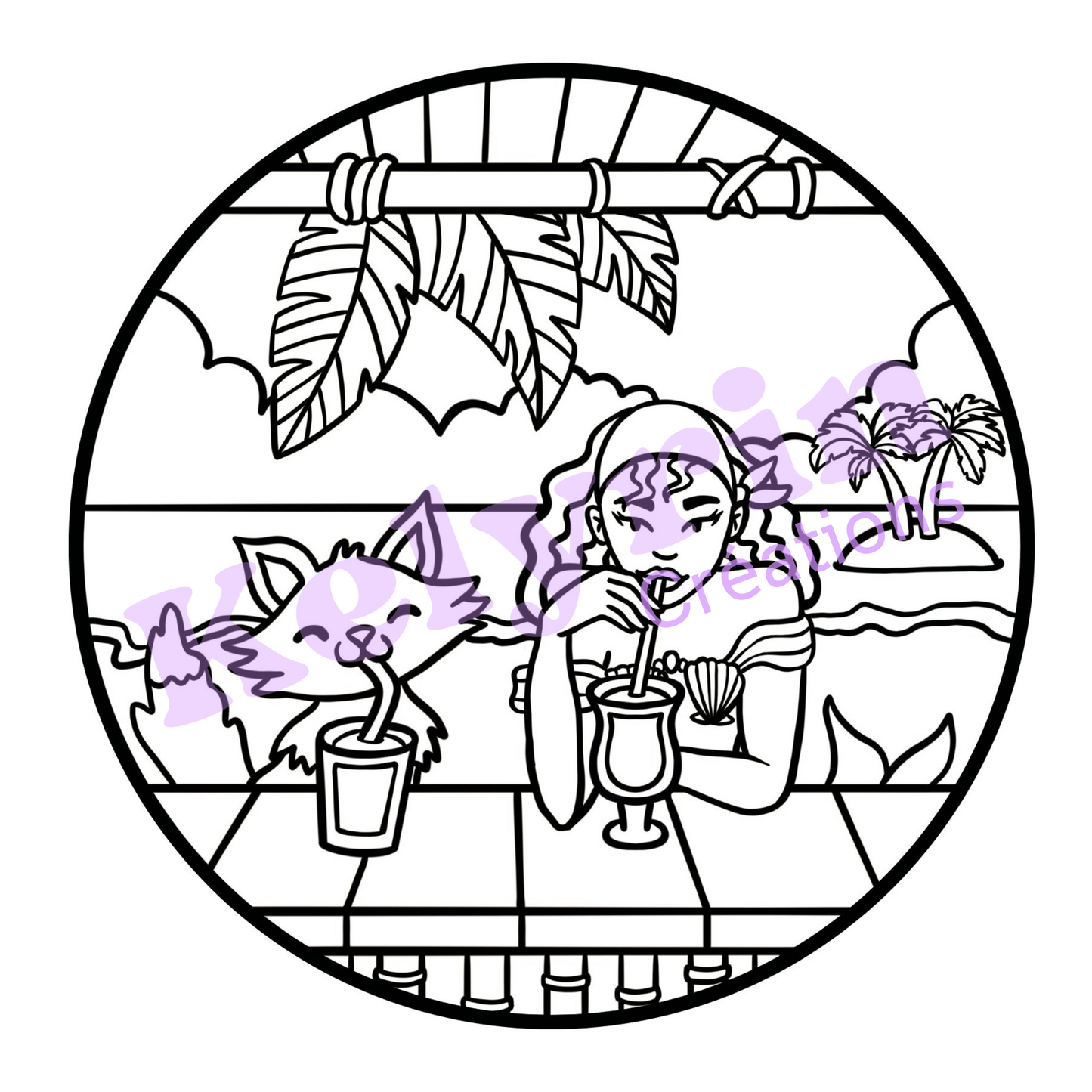 Page de coloriage - Sirène cocktail à la plage