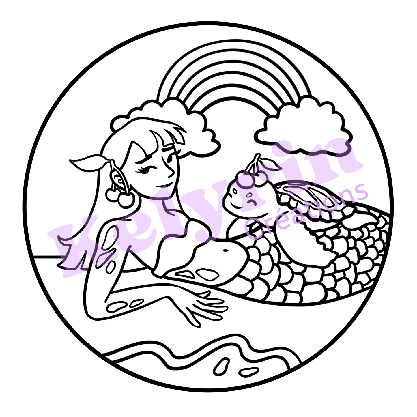 Page de coloriage - Sirène tortue cerises