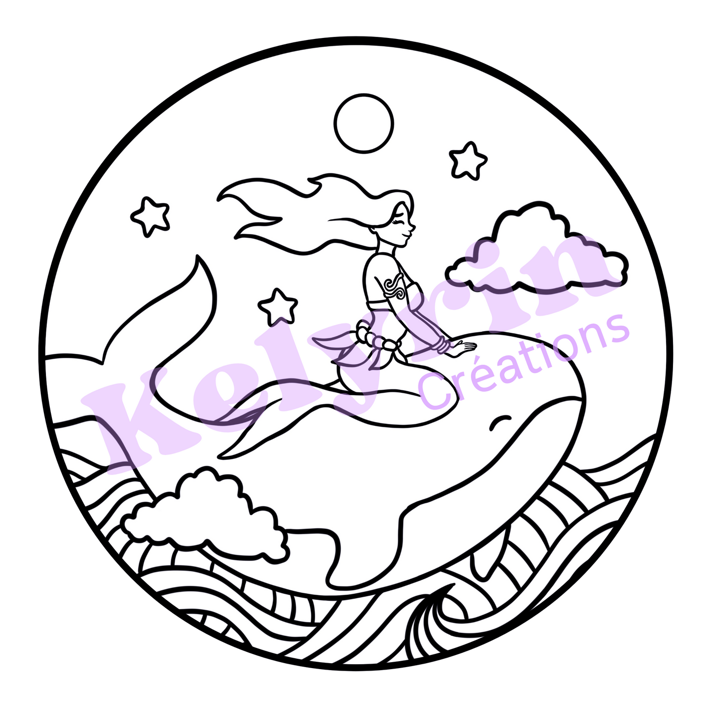 Page de coloriage - Sirène baleine dans le ciel