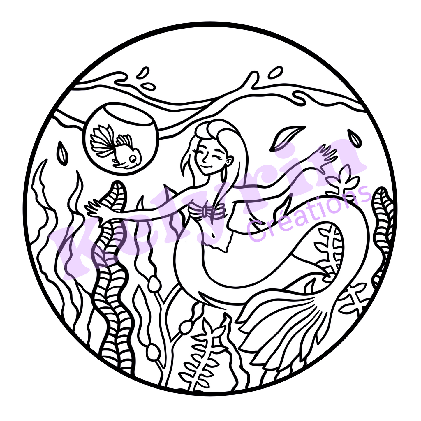 Page de coloriage - Sirène poisson rouge en bocal