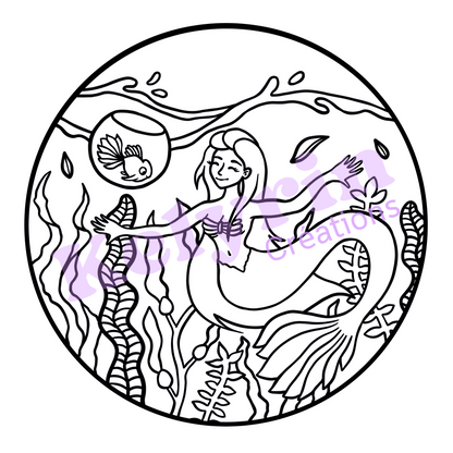 Page de coloriage - Sirène poisson rouge en bocal