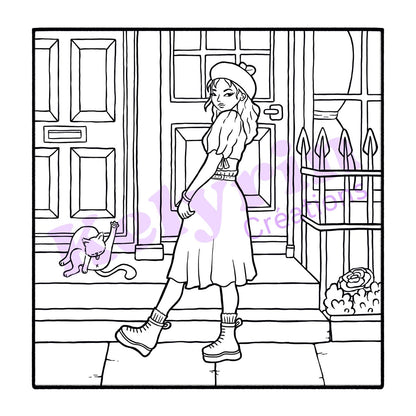 Page de coloriage - London chic et chat polisson