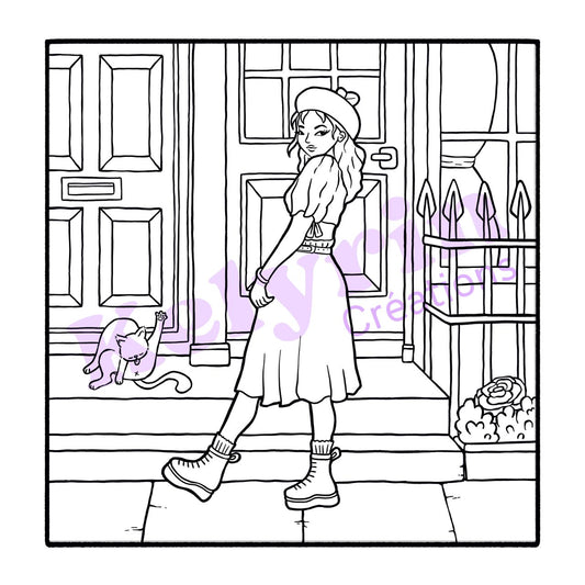 Page de coloriage - London chic et chat polisson