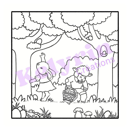 Page de coloriage - À la recherche des oeufs de Pâques