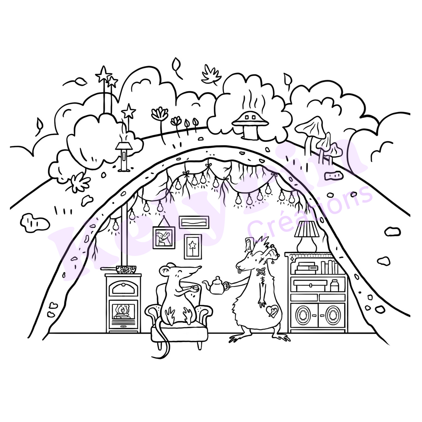 Page de coloriage - Souris thé tanière