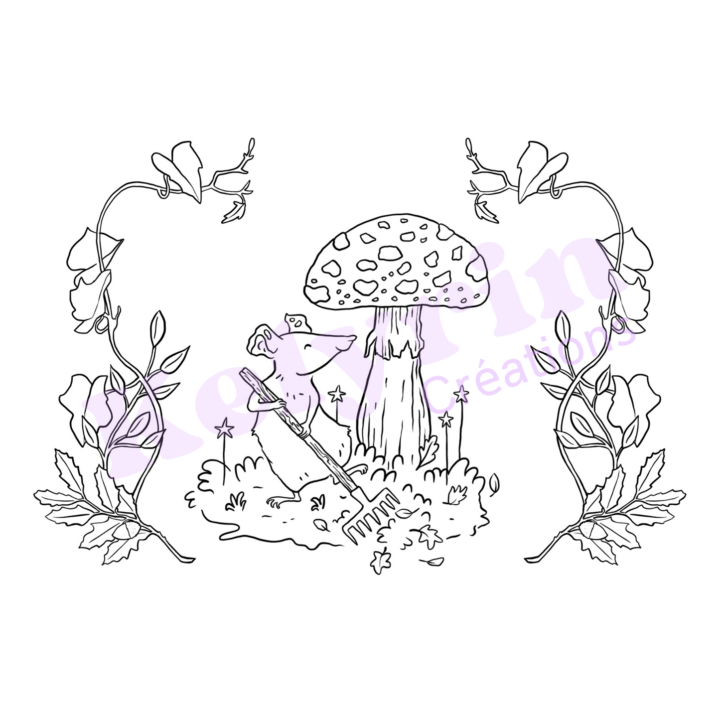 Page de coloriage - Souris au râteau