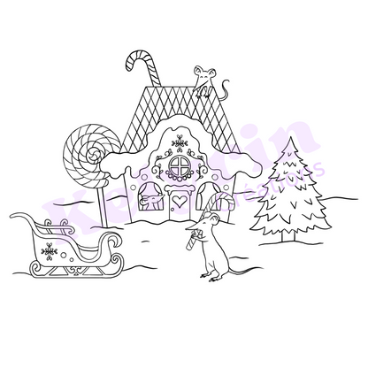 Page de coloriage - Souris maison de Noël